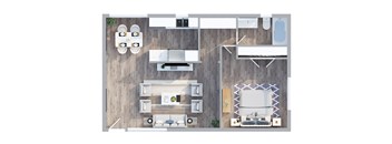 A top down view of a living room, kitchen, and dining area.