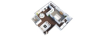 A top-down view of a small apartment with a kitchen, living room, and bathroom.