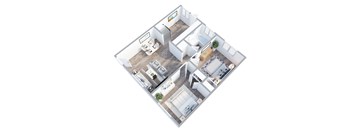 A top-down view of a house with a kitchen, living room, and bedrooms.