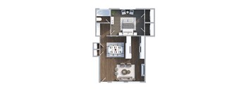 A floor plan of a house with a kitchen, living room, and two bedrooms.