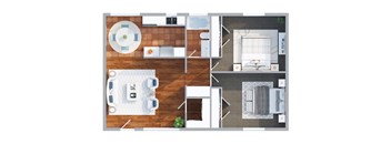 A top-down view of a living room, kitchen, and bedroom.
