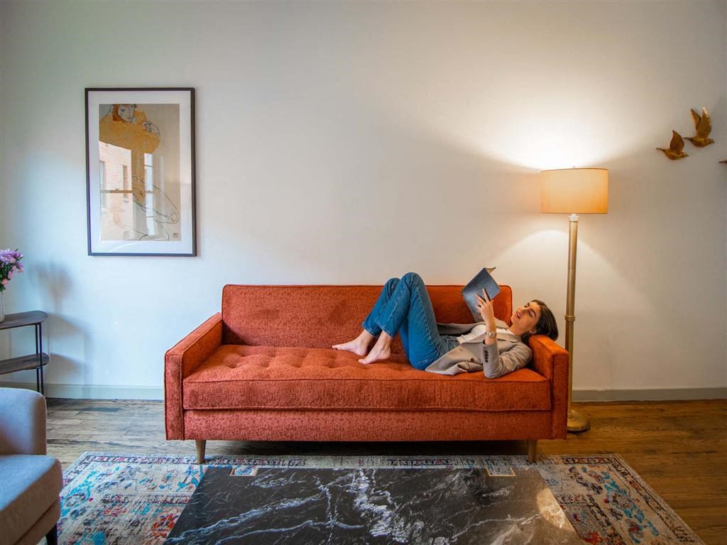 Soft and Refreshing Living Room at The James – Furnished Apartments, Los Angeles, 90028