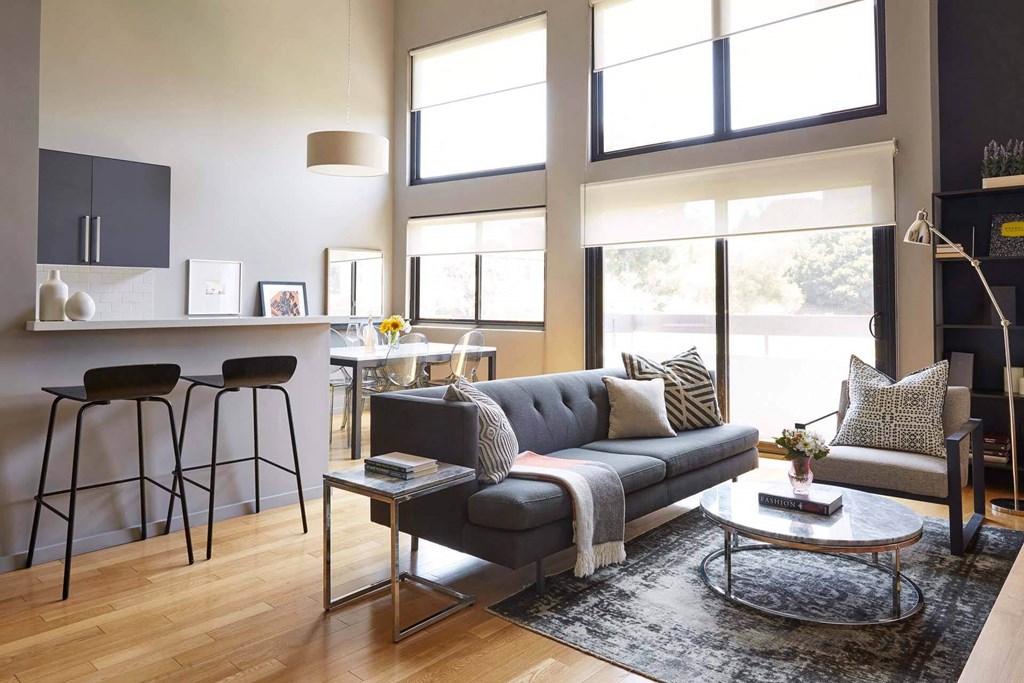 Living Room With Kitchen at 888 Hilgard – Furnished Apartments, Los Angeles, California