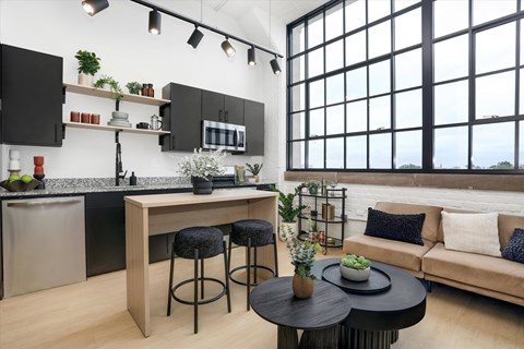 a living area with a kitchen and a couch