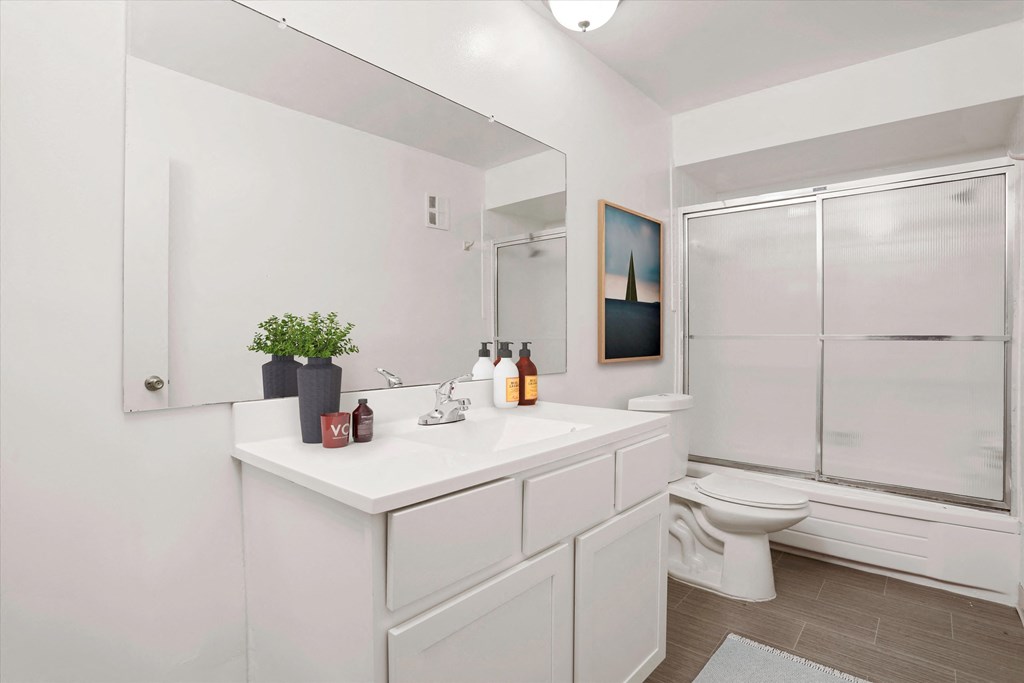 a bathroom with a white sink and toilet next to a shower with a glass door
