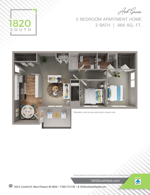 A floor plan for a 2 bedroom apartment with 2 bathrooms.