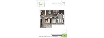 A floor plan of a 2 bedroom apartment with a total of 2 bathrooms.