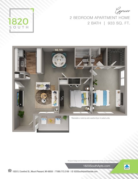 A floor plan of a 2 bedroom apartment with a total of 2 bathrooms.