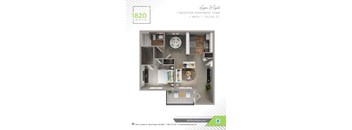 A floor plan of a one bedroom apartment with a bathroom and 725 square feet.