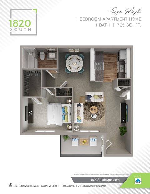 A floor plan of a one bedroom apartment with a bathroom and 725 square feet.