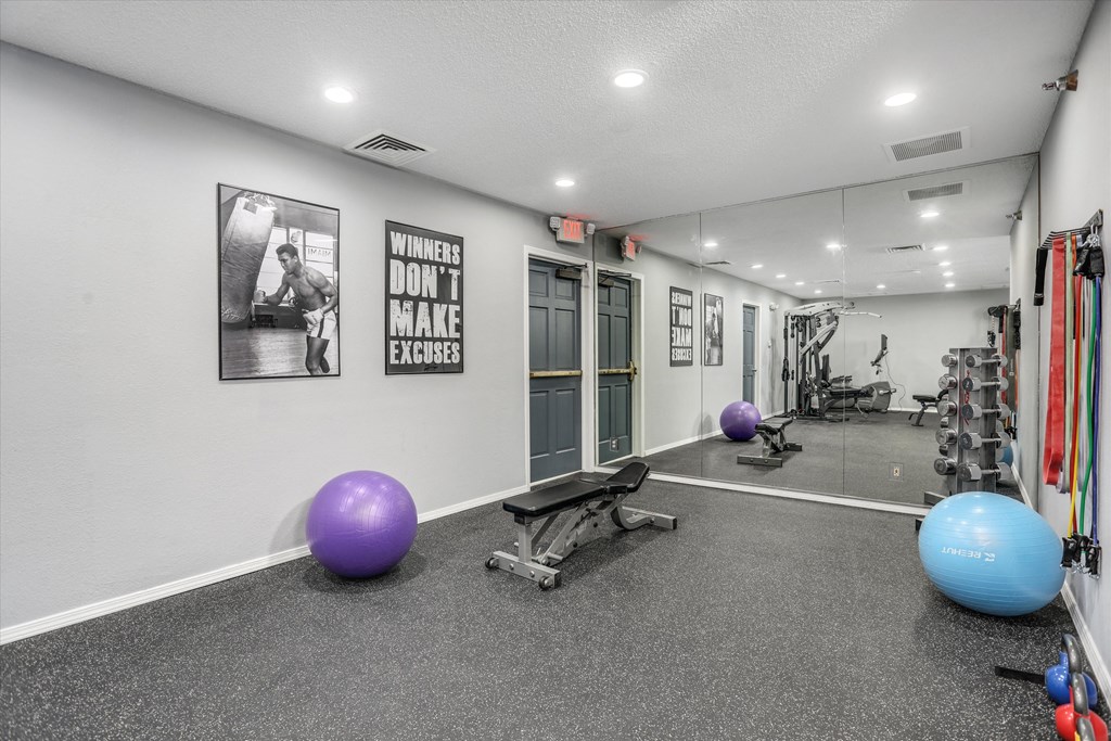 the preserve at ballantyne commons fitness room with weights and yoga balls