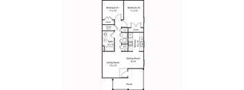 A floor plan of a house with two bedrooms, a living room, a dining room, a kitchen, a bathroom, a porch, and closets.