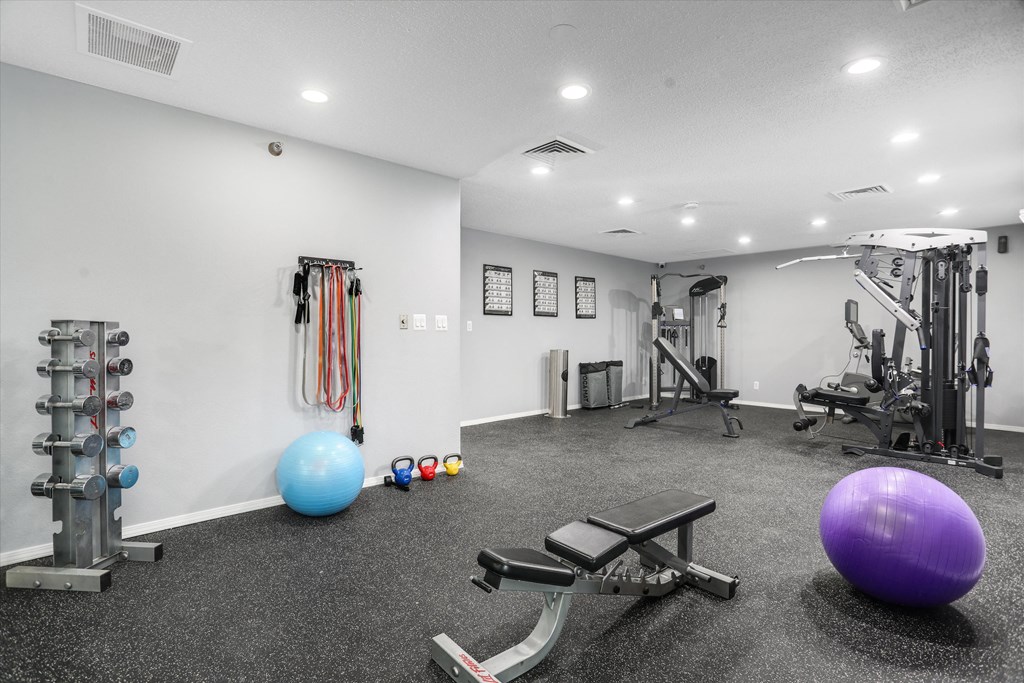 the preserve at ballantyne commons fitness room with weights and yoga balls