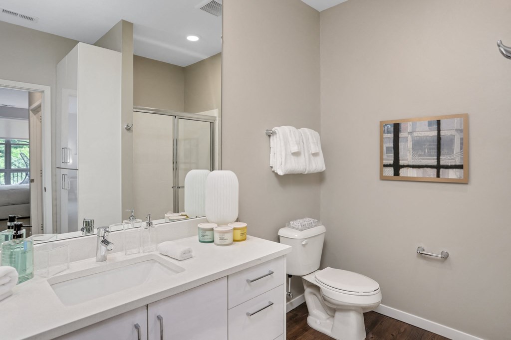 a bathroom with a sink toilet and a mirror