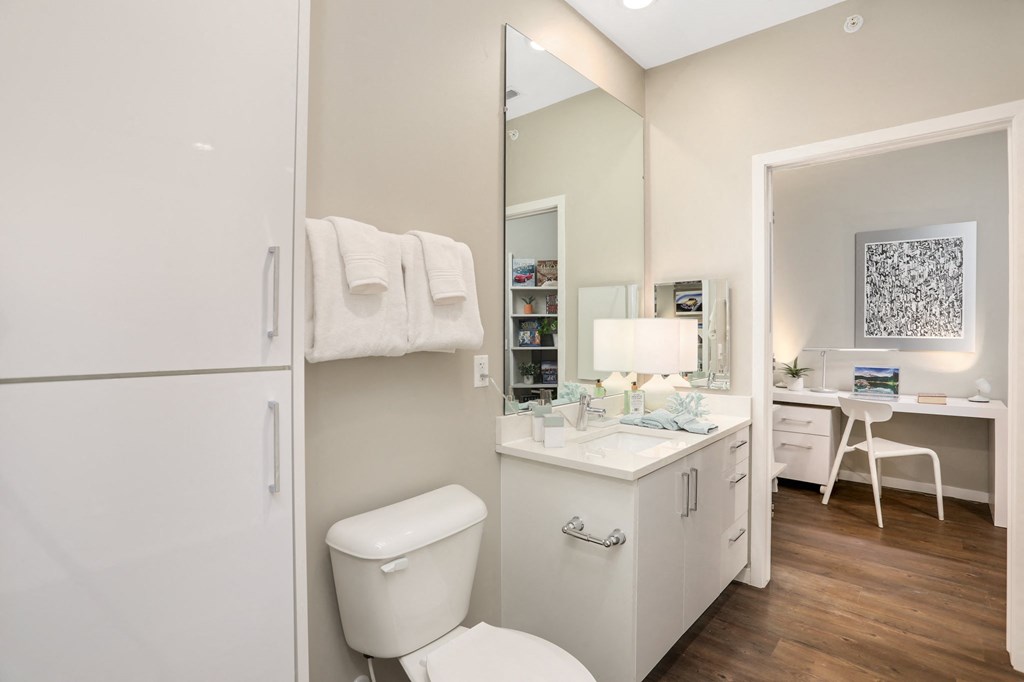 a bathroom with a mirror and a toilet and a sink