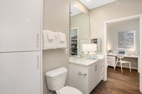 a bathroom with a mirror and a toilet and a sink