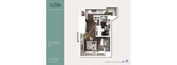 A brochure for AdMo Contemporary Apartment Living showcasing a one bedroom apartment layout.