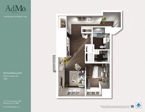 A brochure for AdMo Contemporary Apartment Living showcasing a one bedroom apartment layout.