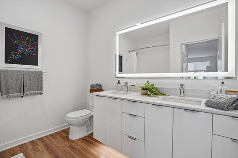 A bathroom with a toilet, sink, and mirror.