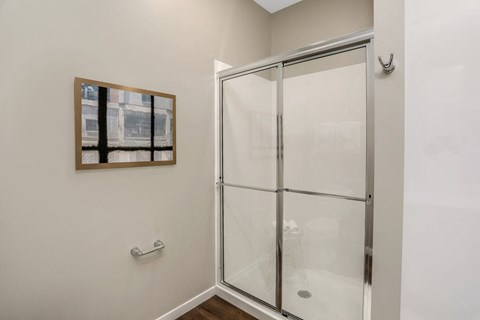 a bathroom with a shower and a painting on the wall