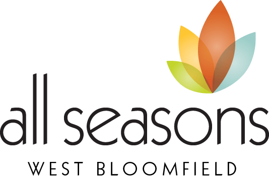 A logo with a leaf and the words "all seasons" and "west bloomfield".
