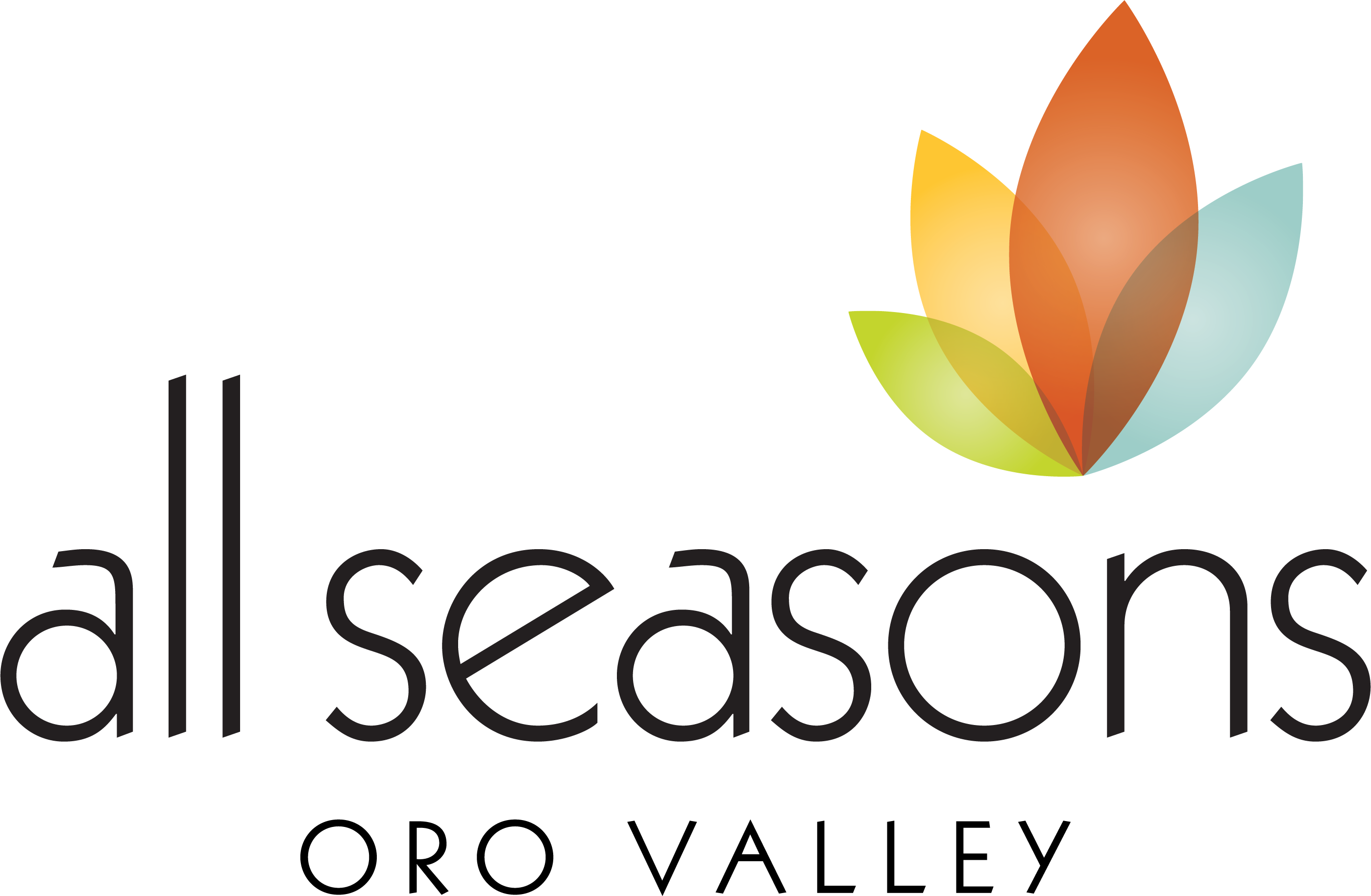 A graphic with a leaf and the words "all seasons" written in grey.
