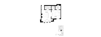 A floor plan of an apartment with a living room, bedroom, and bathroom.