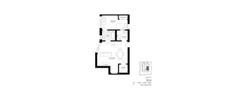 A black and white image of a floor plan for a one bedroom, one bathroom apartment.