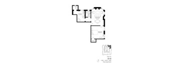 A black and white floor plan of an apartment with a kitchen, bathroom, living room, and bedroom.
