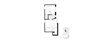 A floor plan of an apartment layout with a bedroom, living room, kitchen, and bathroom.