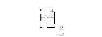 A floor plan for a 1 bedroom / 1 bath unit with a living room, kitchen, and bathroom.