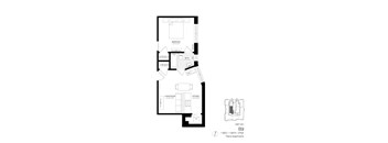 A floor plan of an apartment with a living room, kitchen, and bathroom.