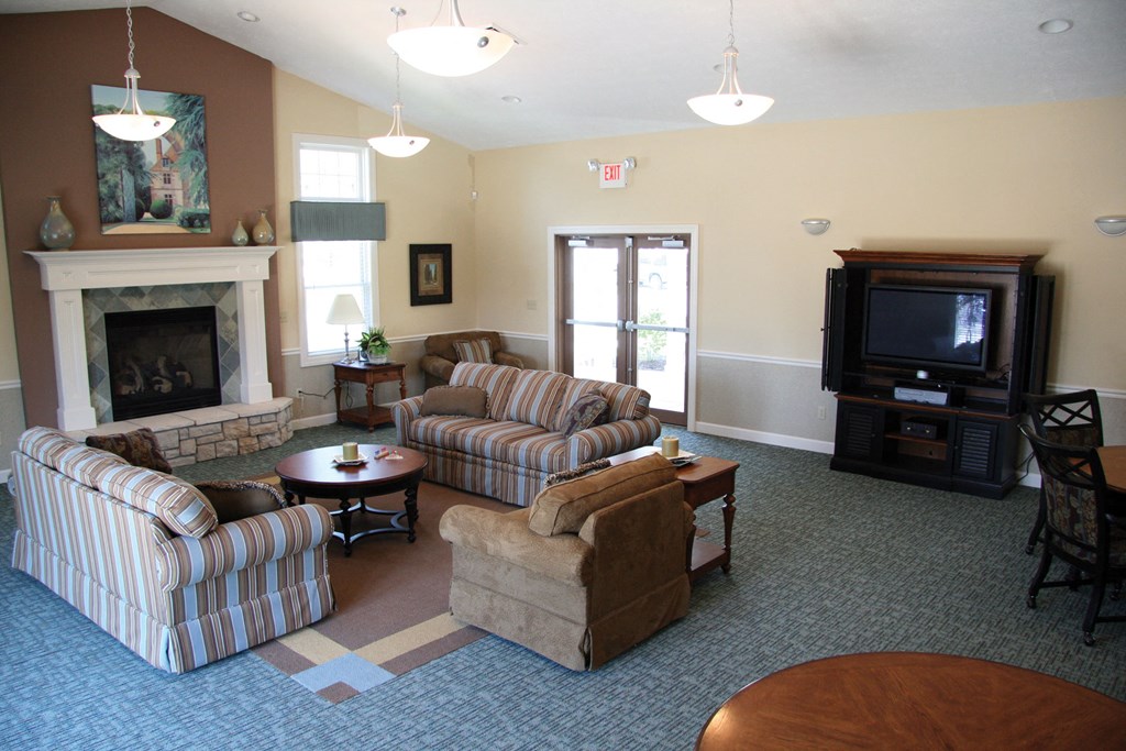 a living room with couches a fireplace and a tv
