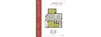 A floor plan for a 1 Bed + Den apartment at The Boulevard in Baltimore.