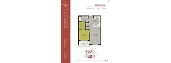 A floor plan for an apartment in Baltimore shows a living room, bedroom, kitchen, and bathroom.