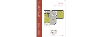 A floor plan for a 2 Bedroom, 1 Bathroom apartment at The Boulevard.