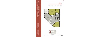 A floor plan for a property named Cass shows a living room, kitchen, and two bedrooms.
