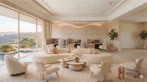 A living room with a white sofa set and a wooden coffee table.