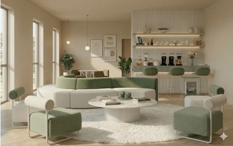 A modern living room with a white rug, green chairs, and a white sofa.