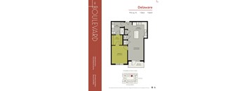 A floor plan for a 1 Bedroom, 1 Bathroom apartment at The Boulevard in Delaware.