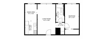 A floor plan of a living space with a kitchen, dining area, living room, bathroom, bedroom, and hall.