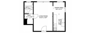 A floor plan of a living space with a bath, dining area, kitchen, and hallway.