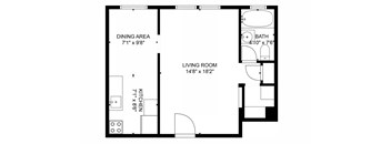 A floor plan of a living area, kitchen, and bathroom.