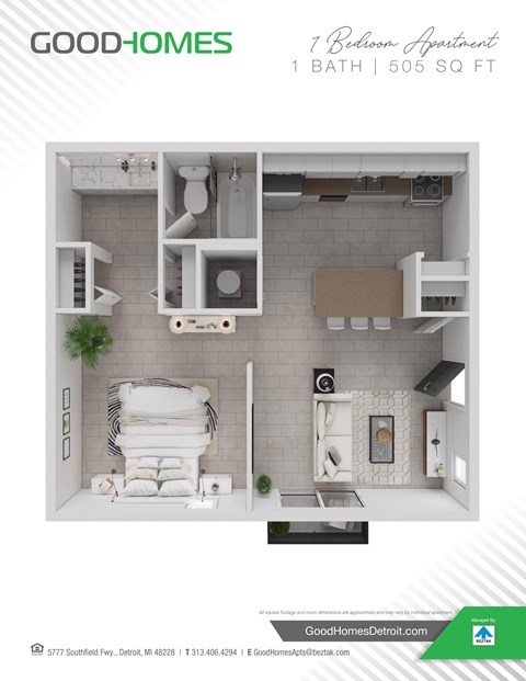 A Good Homes advertisement for a 7-bedroom apartment sized at 505 square feet.