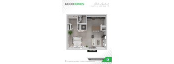 A floor plan for a studio apartment with one bath and 505 square feet.