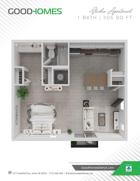 A floor plan for a studio apartment with one bath and 505 square feet.