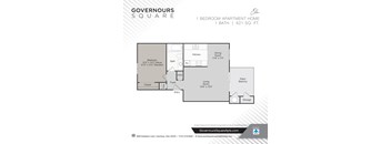 A floor plan for a 1 bedroom apartment at Governours Square.
