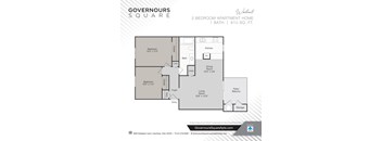 A floor plan for a 2 bedroom apartment with a living room, dining room, kitchen, and bath.