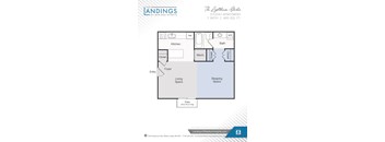 A studio apartment layout for The Landings at Madison Heights.