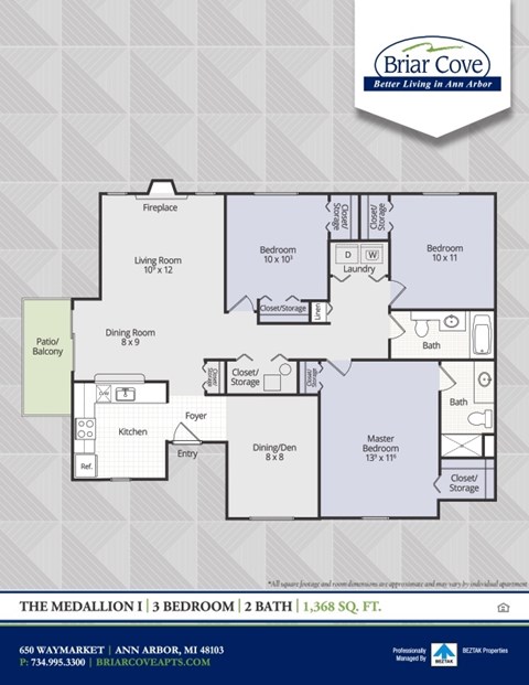 A floor plan for a 3 bedroom, 2 bath home at Briar Cove.